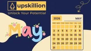 A 2026 May calendar with colourful May lettering, flowers, and upskillion Unlock Your Potential branding on a dark blue background with yellow and cream accents.
