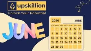 A colourful June next to a June 2026 calendar, with the Upskillion logo and the text Unlock Your Potential on a dark blue and yellow background.